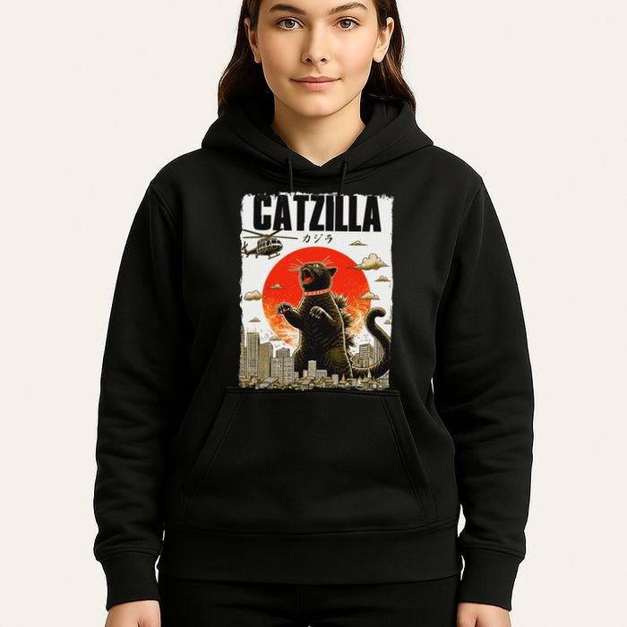 Catzilla Funny Cat Lover Kitten Catzilla Cat Japanese Art Hoodie