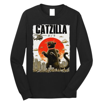 Catzilla Funny Cat Lover Kitten Catzilla Cat Japanese Art Long Sleeve Shirt