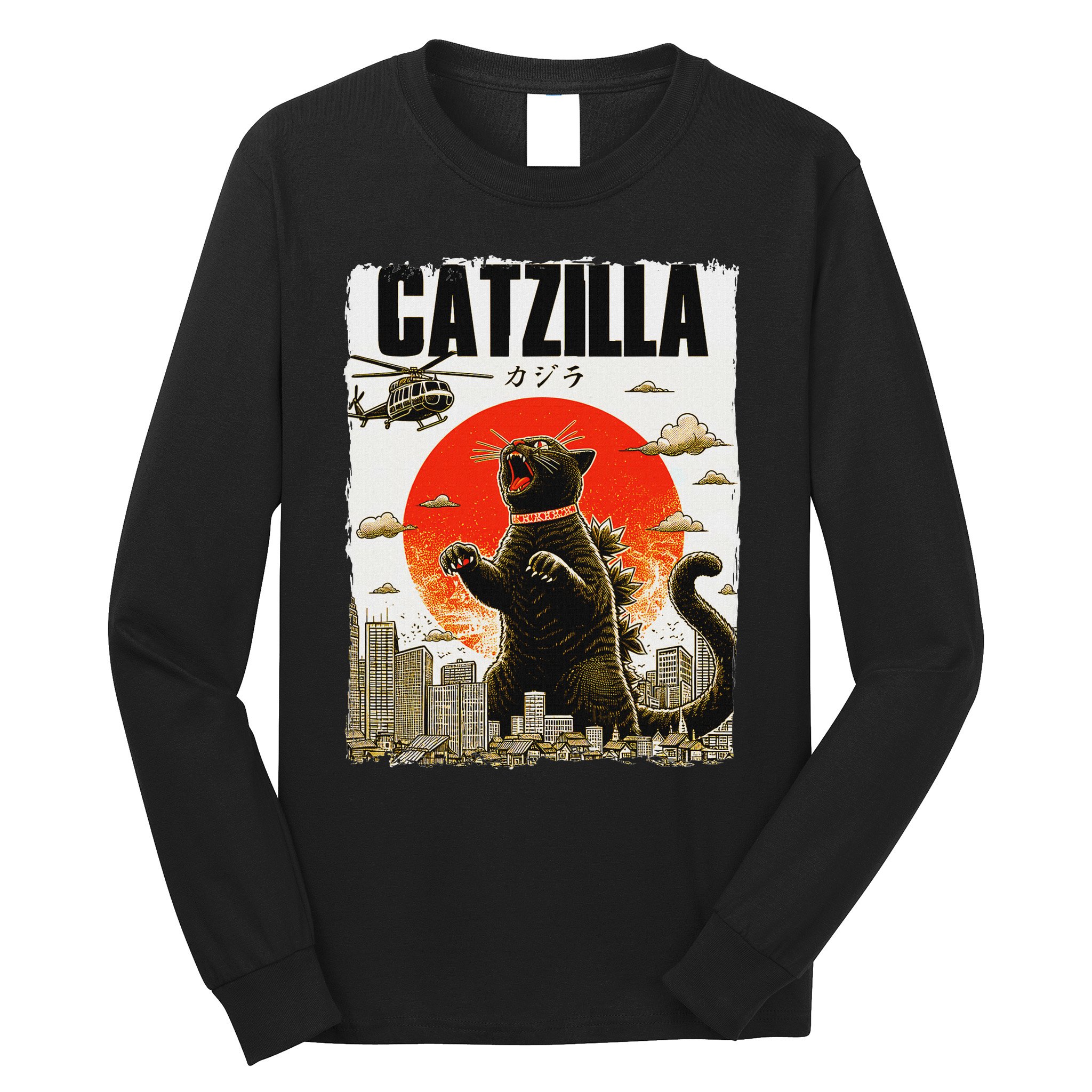 Catzilla Funny Cat Lover Kitten Catzilla Cat Japanese Art Long Sleeve Shirt