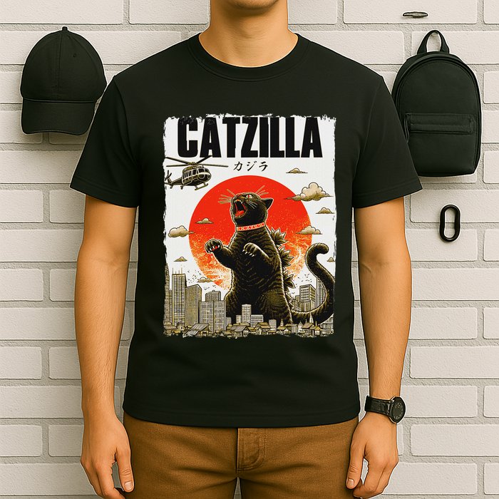 Catzilla Funny Cat Lover Kitten Catzilla Cat Japanese Art T-Shirt