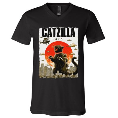 Catzilla Funny Cat Lover Kitten Catzilla Cat Japanese Art V-Neck T-Shirt