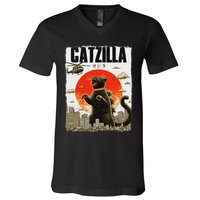 Catzilla Funny Cat Lover Kitten Catzilla Cat Japanese Art V-Neck T-Shirt