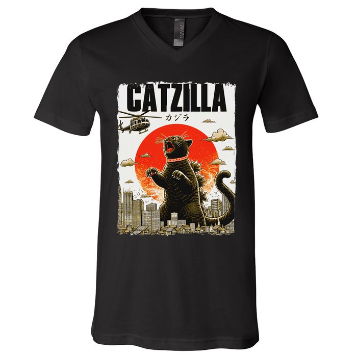 Catzilla Funny Cat Lover Kitten Catzilla Cat Japanese Art V-Neck T-Shirt