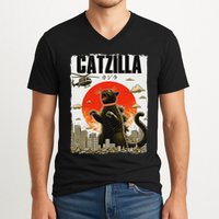 Catzilla Funny Cat Lover Kitten Catzilla Cat Japanese Art V-Neck T-Shirt