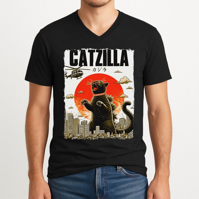 Catzilla Funny Cat Lover Kitten Catzilla Cat Japanese Art V-Neck T-Shirt