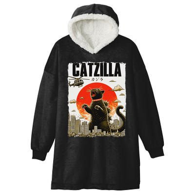 Catzilla Funny Cat Lover Kitten Catzilla Cat Japanese Art Hooded Wearable Blanket