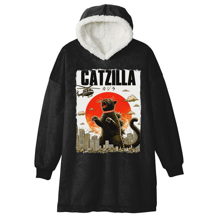 Catzilla Funny Cat Lover Kitten Catzilla Cat Japanese Art Hooded Wearable Blanket
