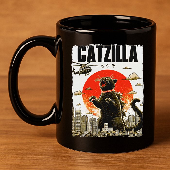Catzilla Funny Cat Lover Kitten Catzilla Cat Japanese Art 11oz C Handle Ceramic Mug