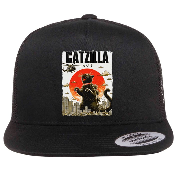Catzilla Funny Cat Lover Kitten Catzilla Cat Japanese Art Flat Bill Trucker Hat