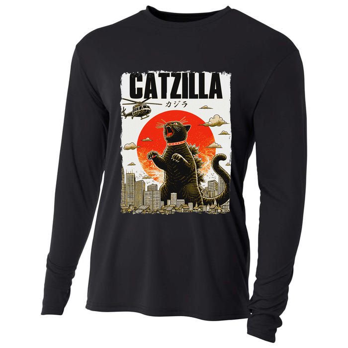 Catzilla Funny Cat Lover Kitten Catzilla Cat Japanese Art Cooling Performance Long Sleeve Crew