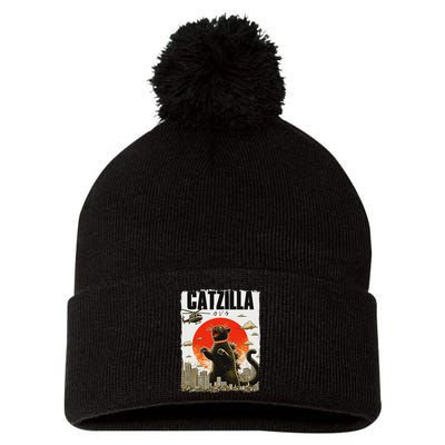 Catzilla Funny Cat Lover Kitten Catzilla Cat Japanese Art Pom Pom 12in Knit Beanie
