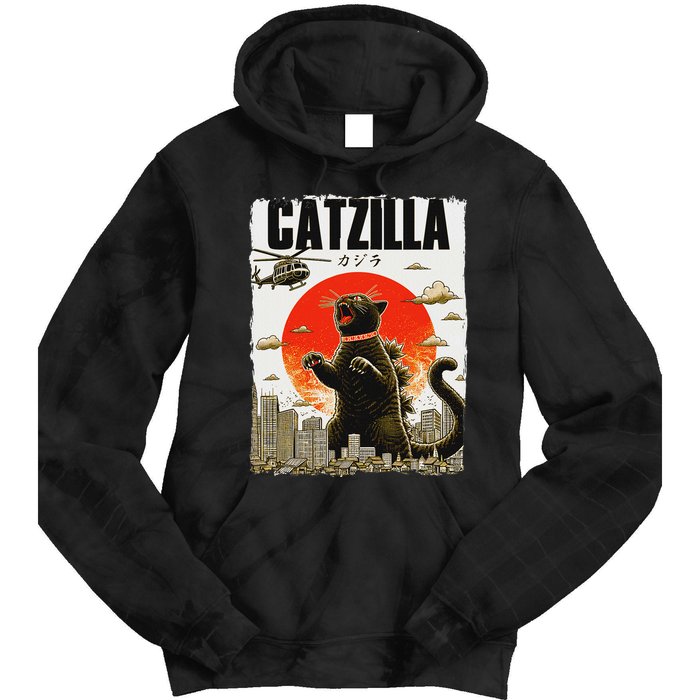Catzilla Funny Cat Lover Kitten Catzilla Cat Japanese Art Tie Dye Hoodie