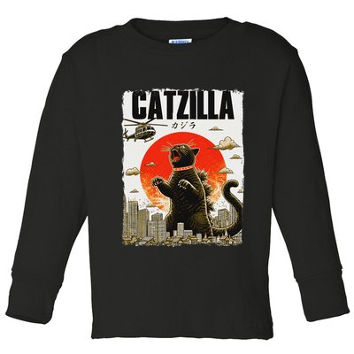 Catzilla Funny Cat Lover Kitten Catzilla Cat Japanese Art Toddler Long Sleeve Shirt