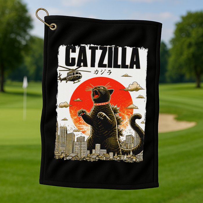 Catzilla Funny Cat Lover Kitten Catzilla Cat Japanese Art Golf Towel