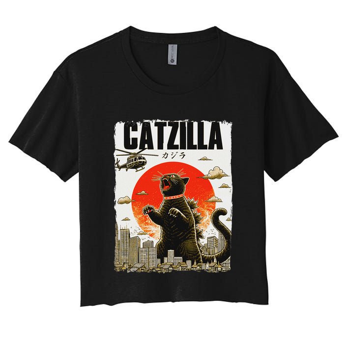 Catzilla Funny Cat Lover Kitten Catzilla Cat Japanese Art Crop Top