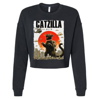 Catzilla Funny Cat Lover Kitten Catzilla Cat Japanese Art Cropped Pullover Crew