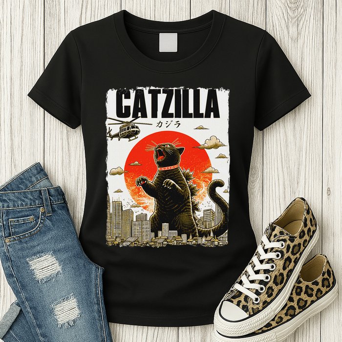 Catzilla Funny Cat Lover Kitten Catzilla Cat Japanese Art Womens T-Shirt