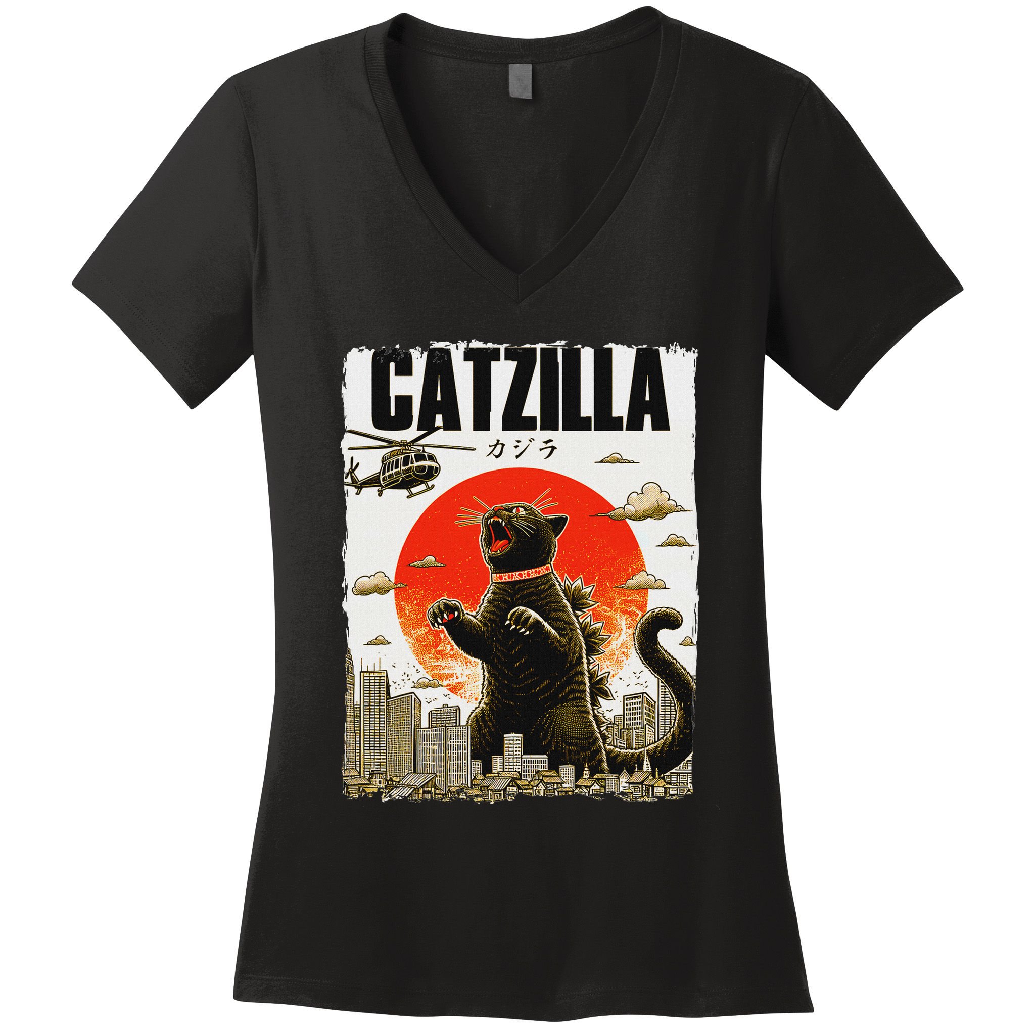 Catzilla Funny Cat Lover Kitten Catzilla Cat Japanese Art Women's V-Neck T-Shirt