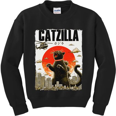 Catzilla Funny Cat Lover Kitten Catzilla Cat Japanese Art Kids Sweatshirt