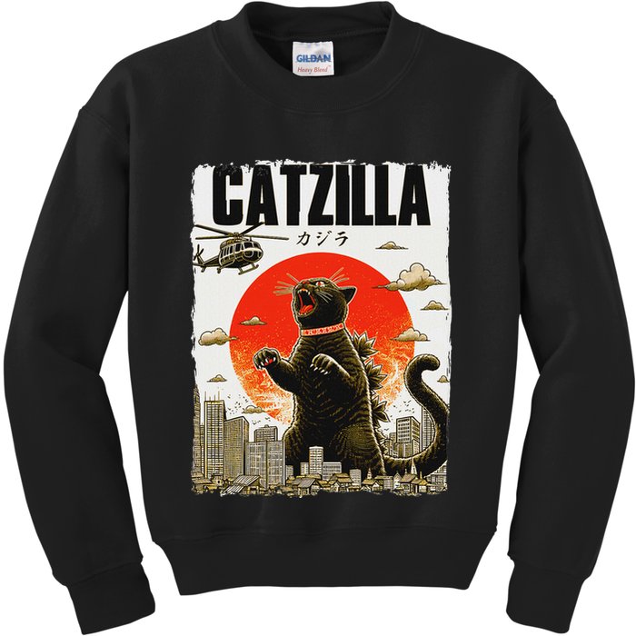 Catzilla Funny Cat Lover Kitten Catzilla Cat Japanese Art Kids Sweatshirt