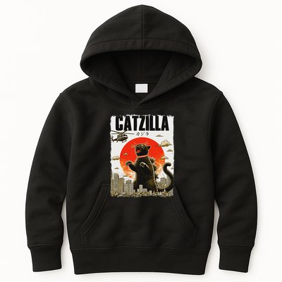 Catzilla Funny Cat Lover Kitten Catzilla Cat Japanese Art Kids Hoodie