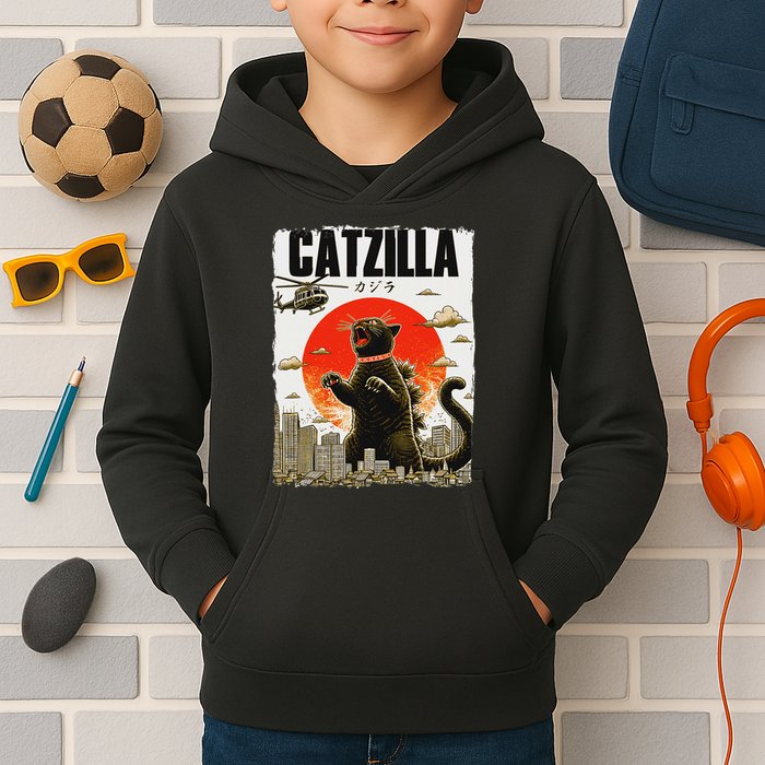 Catzilla Funny Cat Lover Kitten Catzilla Cat Japanese Art Kids Hoodie