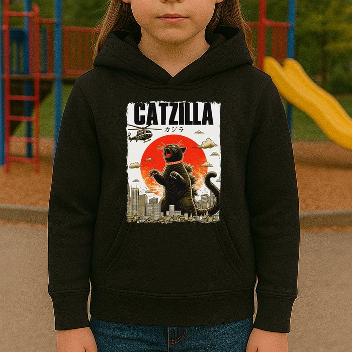 Catzilla Funny Cat Lover Kitten Catzilla Cat Japanese Art Kids Hoodie