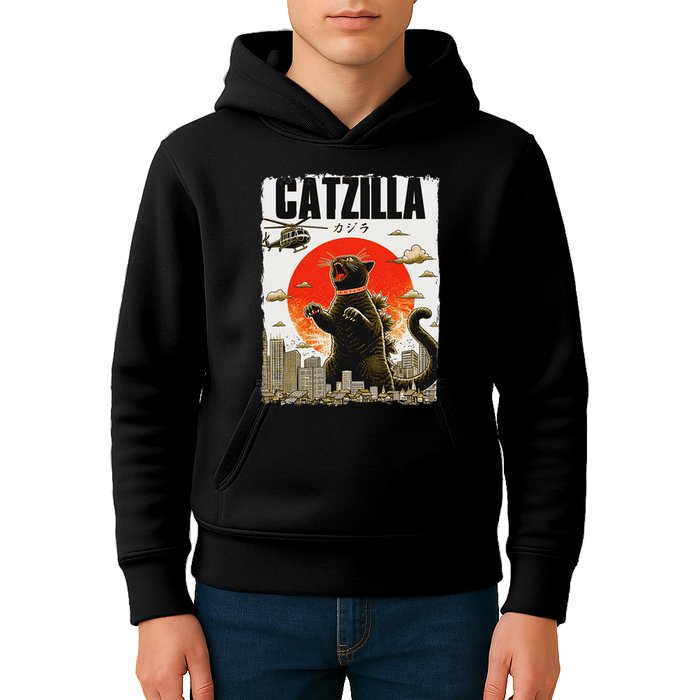 Catzilla Funny Cat Lover Kitten Catzilla Cat Japanese Art Kids Hoodie