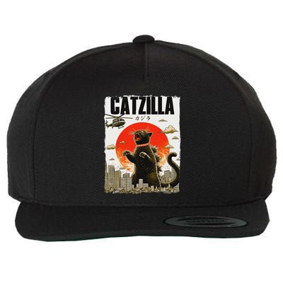 Catzilla Funny Cat Lover Kitten Catzilla Cat Japanese Art Wool Snapback Cap