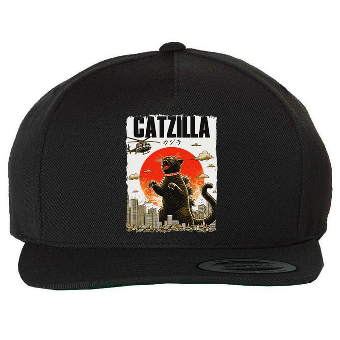 Catzilla Funny Cat Lover Kitten Catzilla Cat Japanese Art Wool Snapback Cap