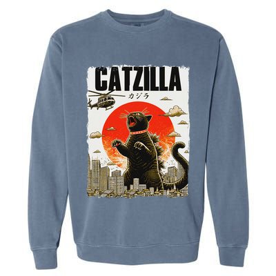 Catzilla Funny Cat Lover Kitten Catzilla Cat Japanese Art Garment-Dyed Sweatshirt