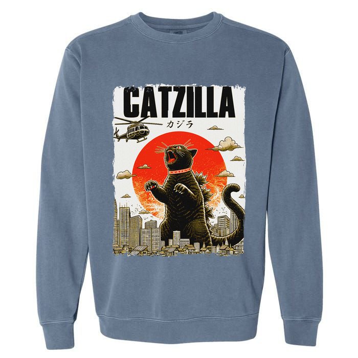 Catzilla Funny Cat Lover Kitten Catzilla Cat Japanese Art Garment-Dyed Sweatshirt