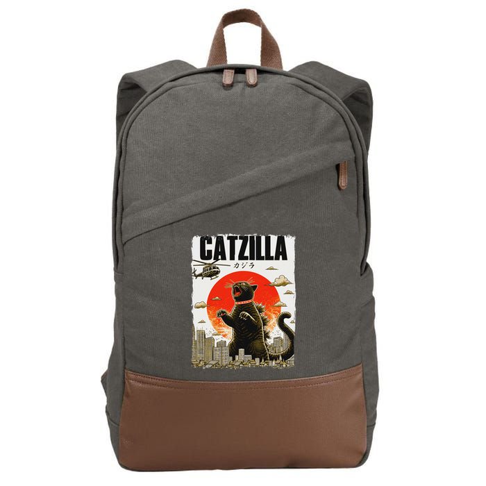 Catzilla Funny Cat Lover Kitten Catzilla Cat Japanese Art Cotton Canvas Backpack