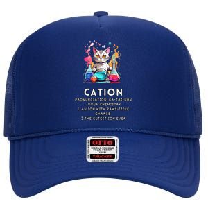 Cation Funny Chemistry Humor Science Teacher Cat Pun Meaningful Gift High Crown Mesh Back Trucker Hat