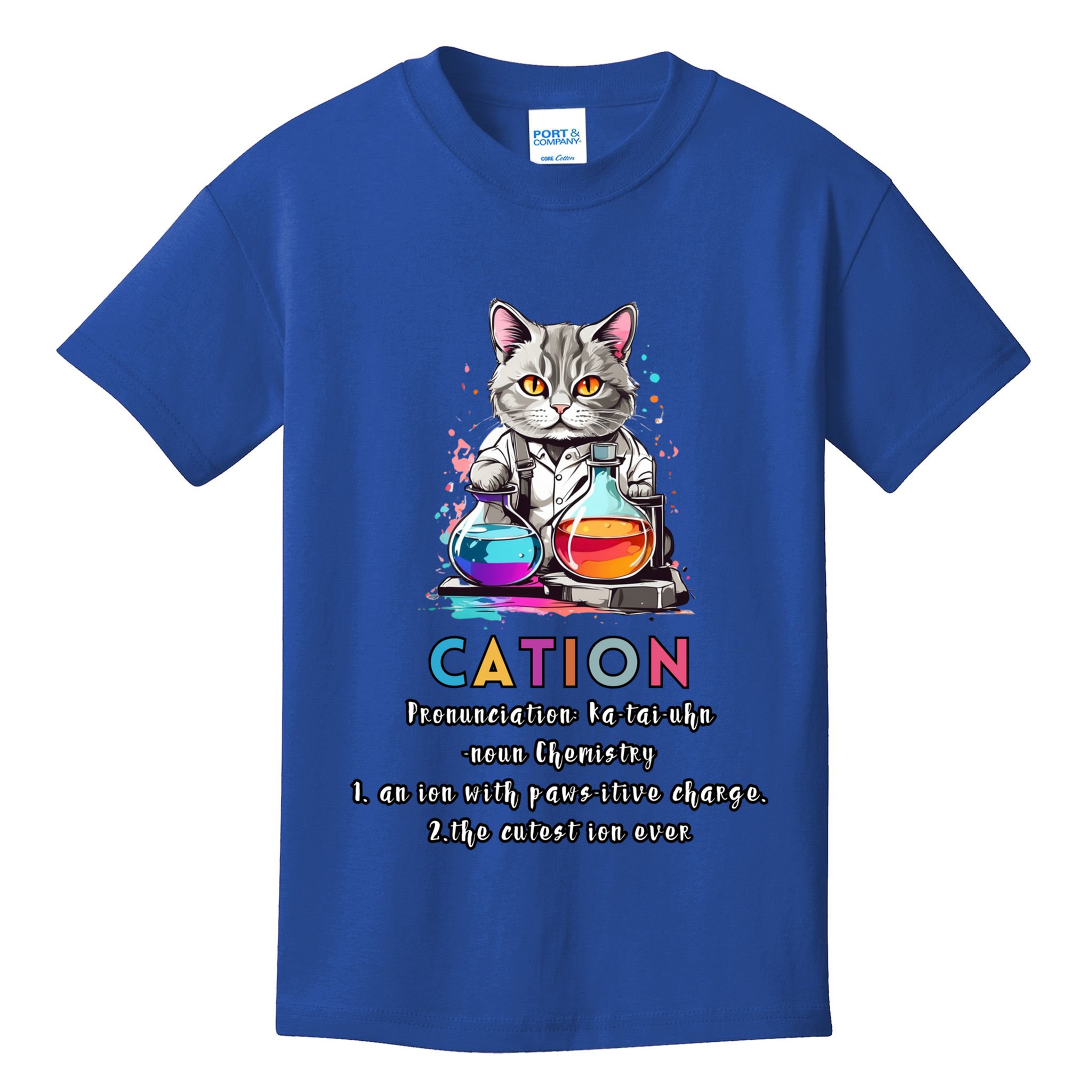 Cation Funny Chemistry Humor Science Teacher Cat Pun Gift Kids T-Shirt