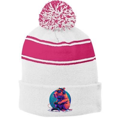 Capybara Funny Capybara Rodent & Video Games Lover Stripe Pom Pom Beanie