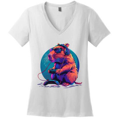 Capybara Funny Capybara Rodent & Video Games Lover Women's V-Neck T-Shirt