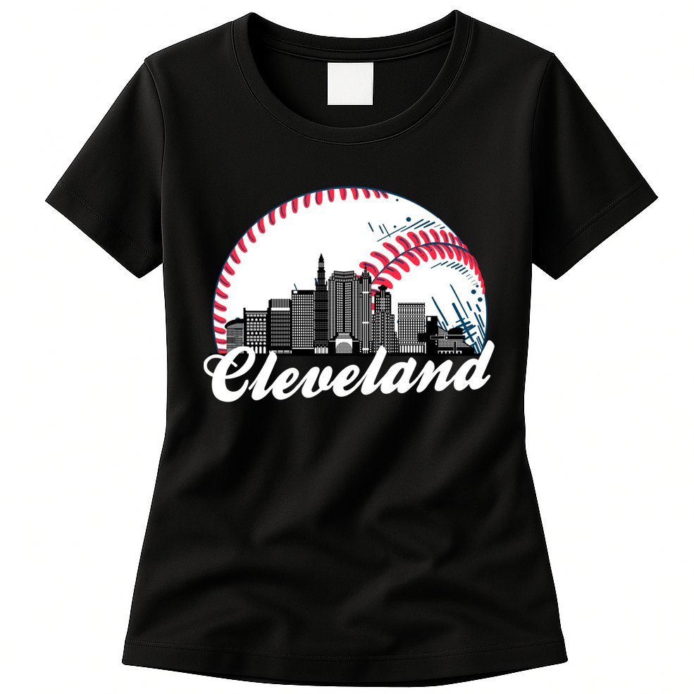 Cute Funny Cleveland Baseball Skyline Retro Womens T-Shirt