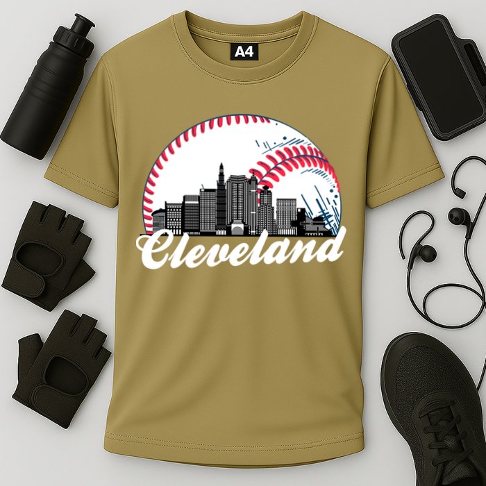 Cute Funny Cleveland Baseball Skyline Retro Cooling Performance Crew T-Shirt