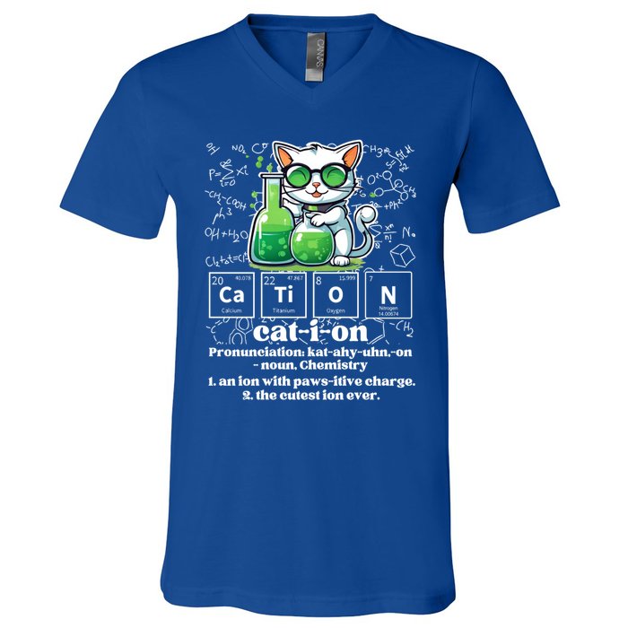 Cation Funny Chemistry Cat Humor Science Chemistry Teacher Gift V-Neck T-Shirt