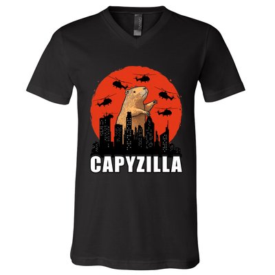 Capybara Funny Capybara Rodent Capyzilla Funny V-Neck T-Shirt