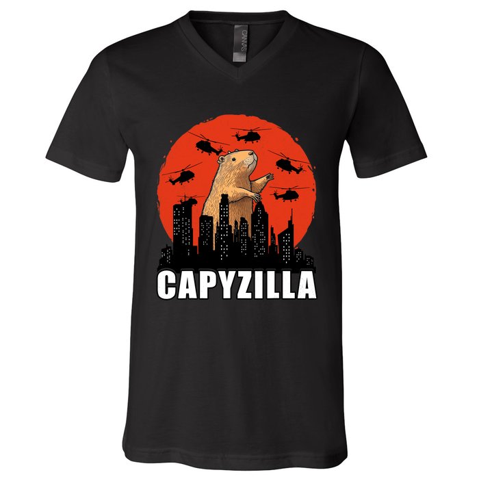 Capybara Funny Capybara Rodent Capyzilla Funny V-Neck T-Shirt