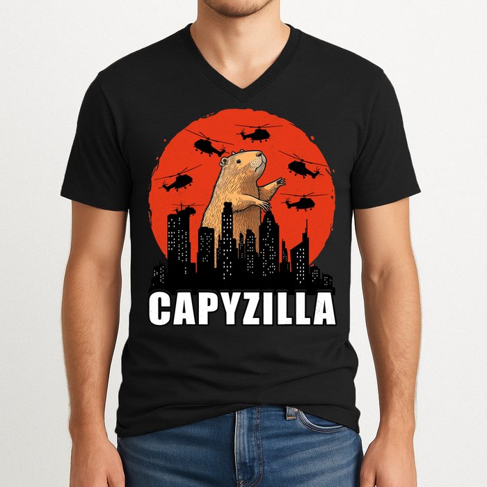 Capybara Funny Capybara Rodent Capyzilla Funny V-Neck T-Shirt