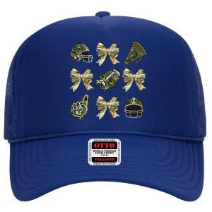 Camo Football Coquette Bow Football Mom Game Day Women Gift High Crown Mesh Back Trucker Hat