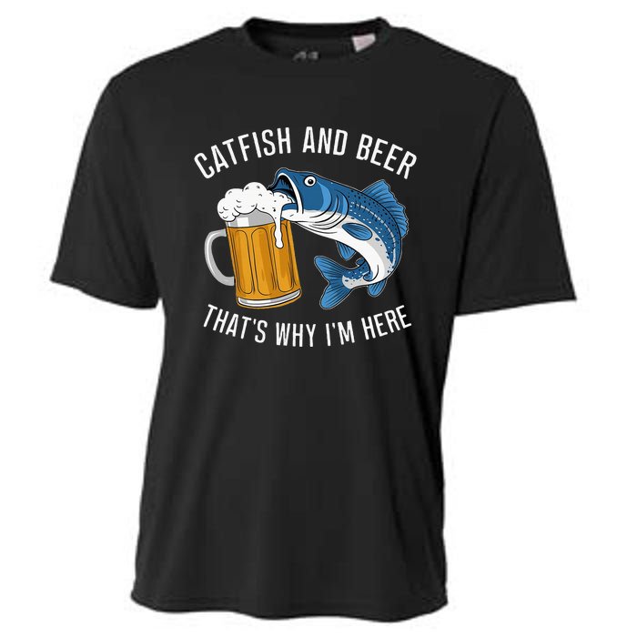 Catfish Fishing Catfish & Beer ThatS Why IM Here Flathead Cooling Performance Crew T-Shirt