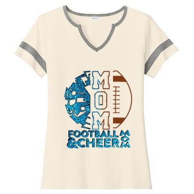 Cheer Football Cheerleading Mom Of Both Messy Bun Ladies Halftime Notch Neck Tee