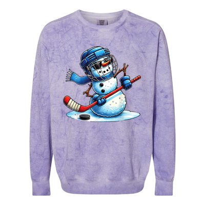 Christmas Funny Cute Snowman Playing Ice Hockey Lovers Gift Colorblast Crewneck Sweatshirt