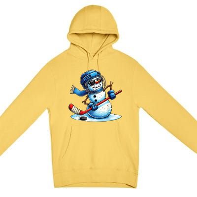 Christmas Funny Cute Snowman Playing Ice Hockey Lovers Gift Premium Pullover Hoodie