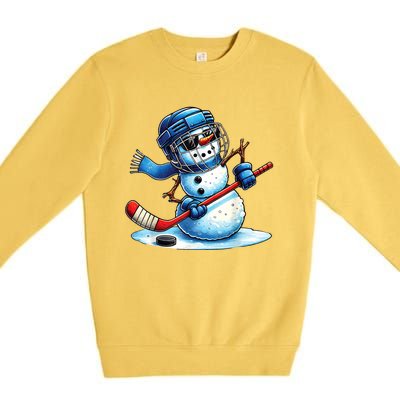 Christmas Funny Cute Snowman Playing Ice Hockey Lovers Gift Premium Crewneck Sweatshirt