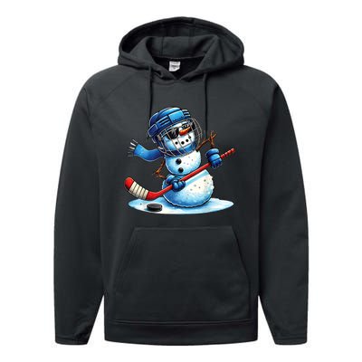 Christmas Funny Cute Snowman Playing Ice Hockey Lovers Gift Performance Fleece Hoodie